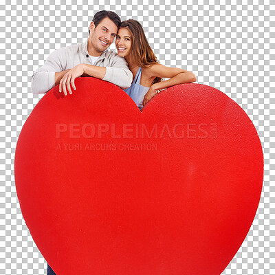 Buy stock photo Love, heart and smile with portrait of couple on transparent background for mockup, romance and valentines day. Happy, date and relationship with man and woman with board isolated on png for emotion