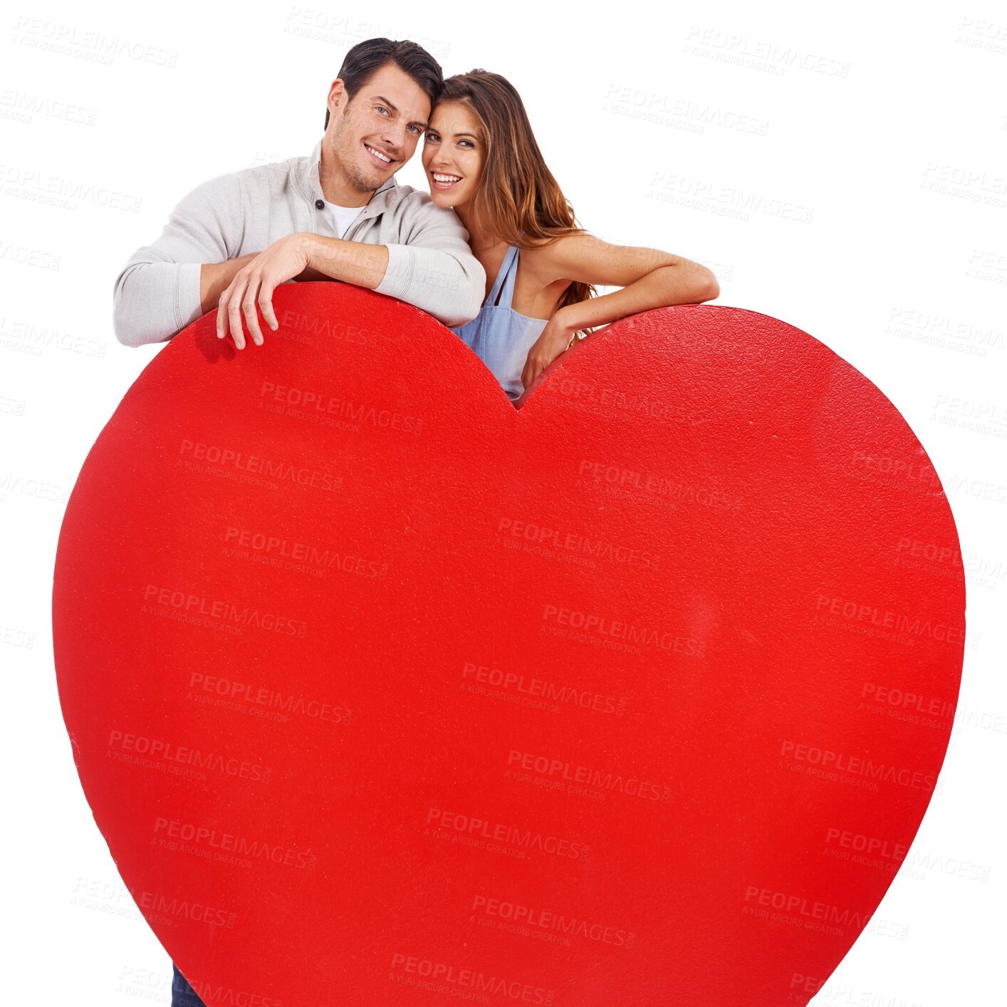 Buy stock photo Love, heart and smile with portrait of couple on transparent background for mockup, romance and valentines day. Happy, date and relationship with man and woman with board isolated on png for emotion