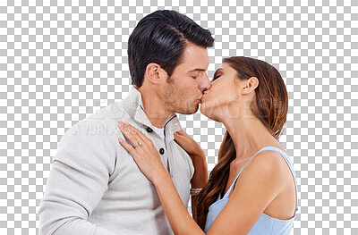 Buy stock photo Love, trust or couple kissing for romance in relationship commitment isolated on transparent png background. Lovers, man or romantic woman enjoy intimate bonding together on marriage anniversary date