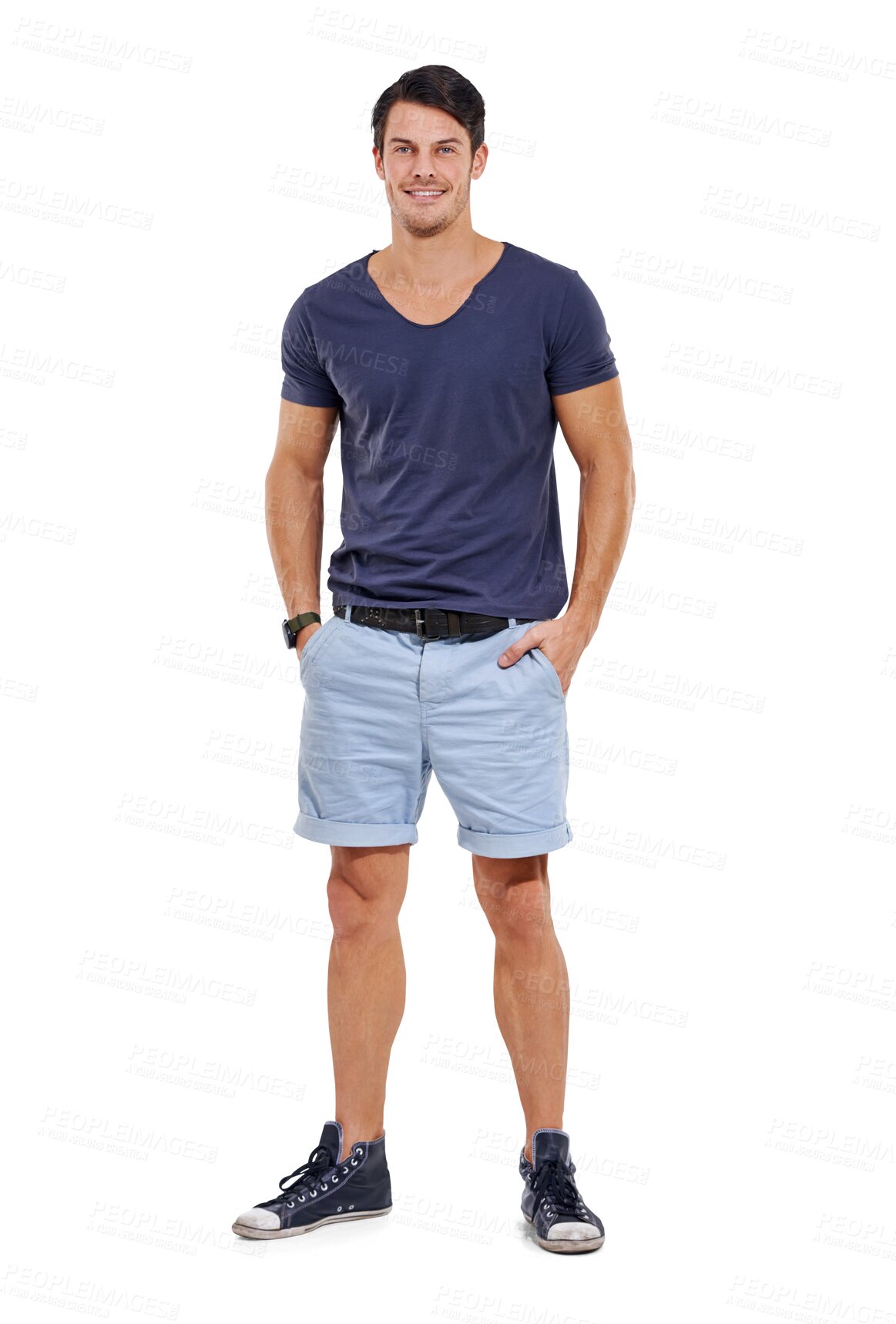 Buy stock photo Man, modern fashion and portrait with a smile and hands in pockets isolated on a transparent, png background. Casual style, happy and attractive young male person with confidence and joy with tshirt 