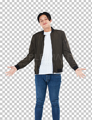 Buy stock photo Portrait, man and confused shrug for fashion, style or customer with doubt on an isolated, transparent or png background. Asian model, open hands and awkward person with uncertain, thinking or idea