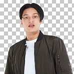 Portrait, asian man and face with surprise, shock expression and disbelief on isolated, transparent png background. Student, fashion and wow for news, announcement or information with trendy style