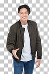 Fashion portrait, man and handshake on isolated, transparent png background. Thank you, greeting and happy male shaking hands for deal, agreement or contract, onboarding or welcome introduction