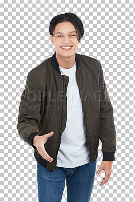 Buy stock photo Thank you, handshake and portrait of man greeting with a smile and happy isolated in a transparent or png background. Hand, fashion and young person with style ready to welcome an agreement