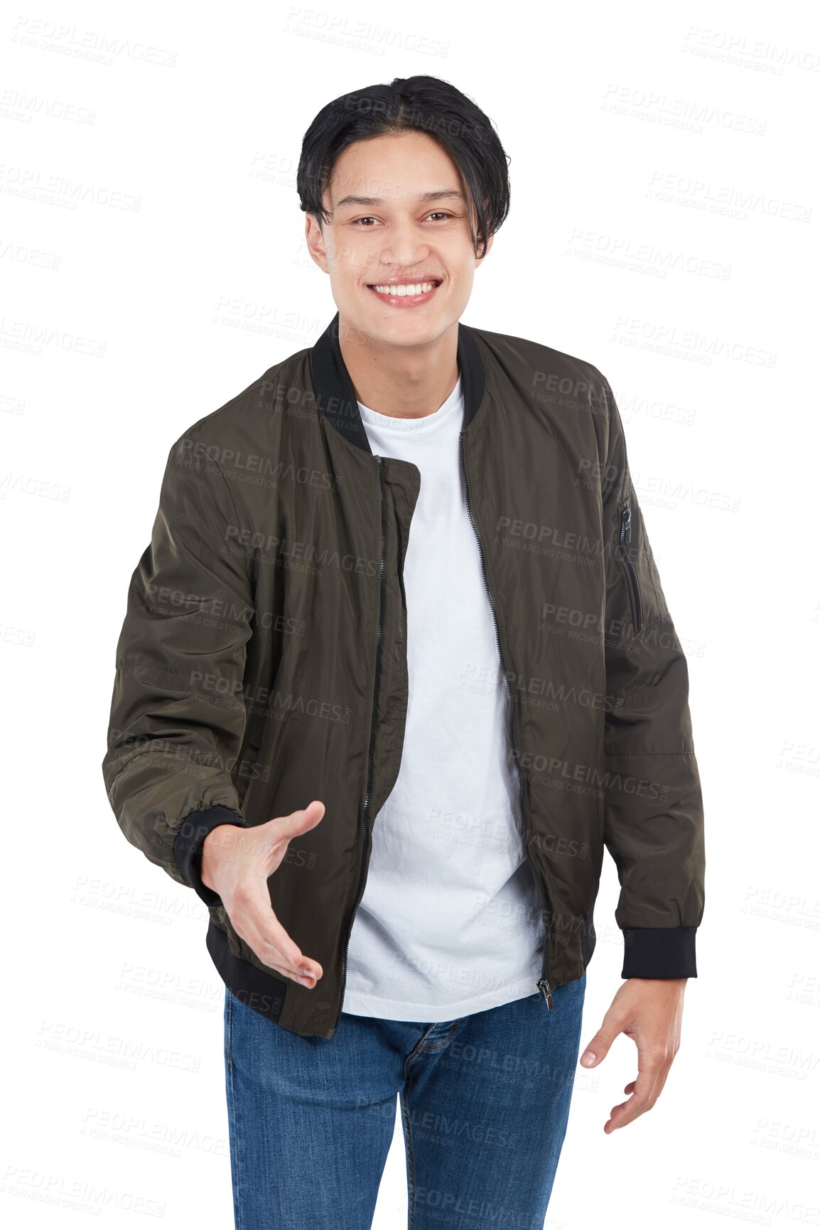 Buy stock photo Thank you, handshake and portrait of man greeting with a smile and happy isolated in a transparent or png background. Hand, fashion and young person with style ready to welcome an agreement