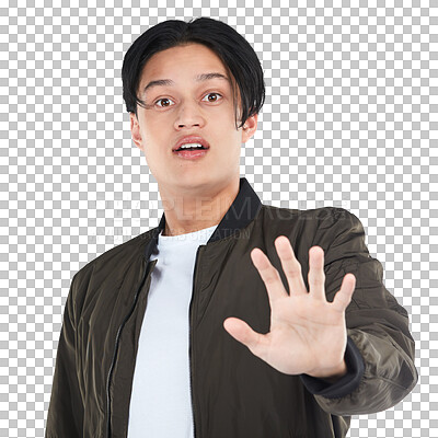 Buy stock photo Hand, portrait and Asian man with surprise or fear to stop, caution or sign danger on isolated, transparent or png background. Palm, emoji and gen z youth with wow face  expression and body language