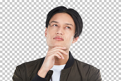 Buy stock photo Thinking, face and asian man with decision on transparent, isolated or png background. Choice, contemplation and male person with doubt on problem solving, idea and emoji, solution or expression