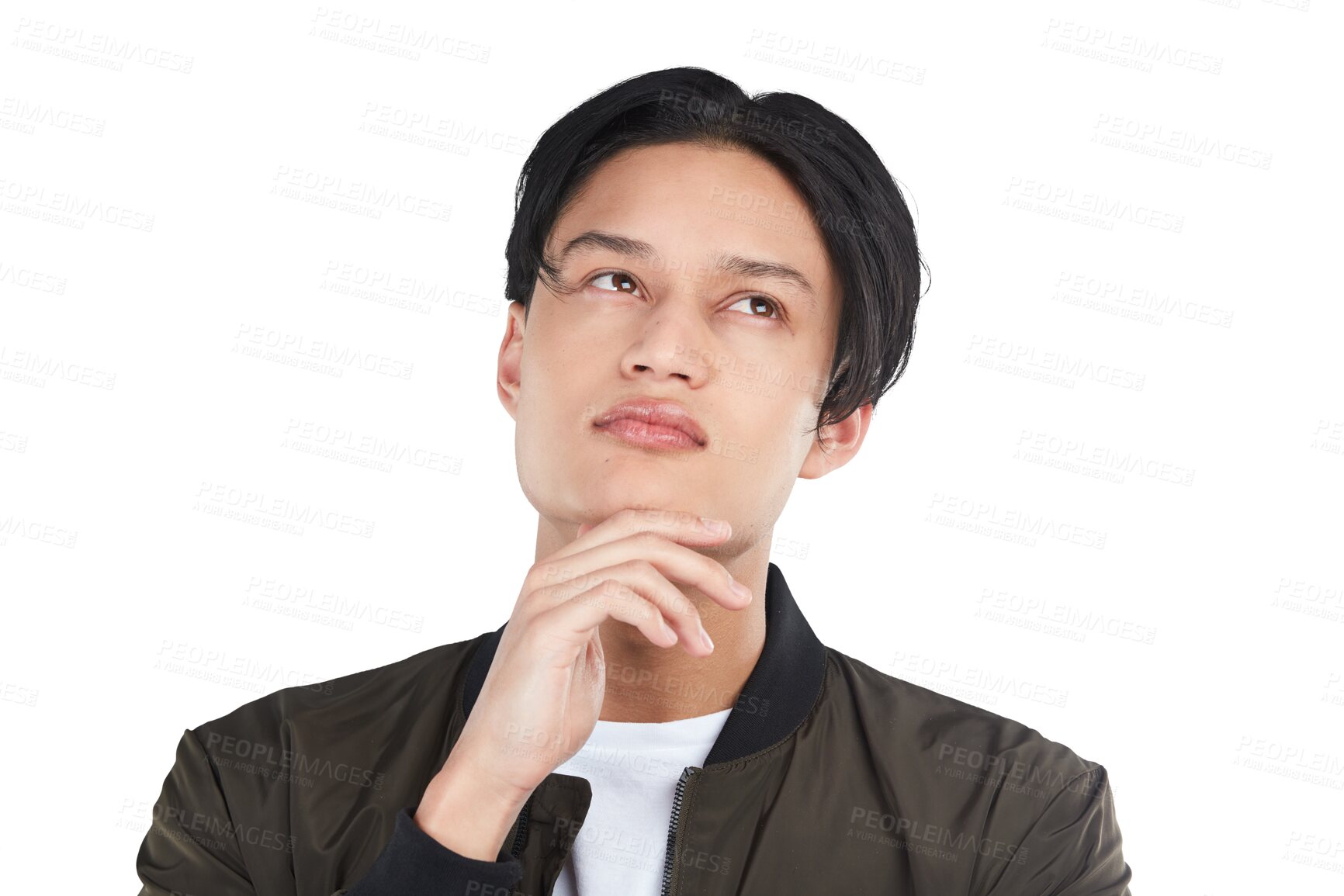 Buy stock photo Thinking, face and asian man with decision on transparent, isolated or png background. Choice, contemplation and male person with doubt on problem solving, idea and emoji, solution or expression