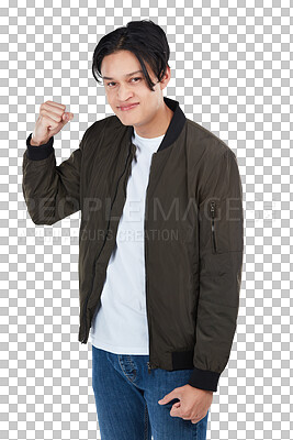 Buy stock photo Angry, man and portrait fist with warning in isolated and transparent, png background in china. Threat, serious and hand for conflict or fight with frustrated or annoyed expression for violence.