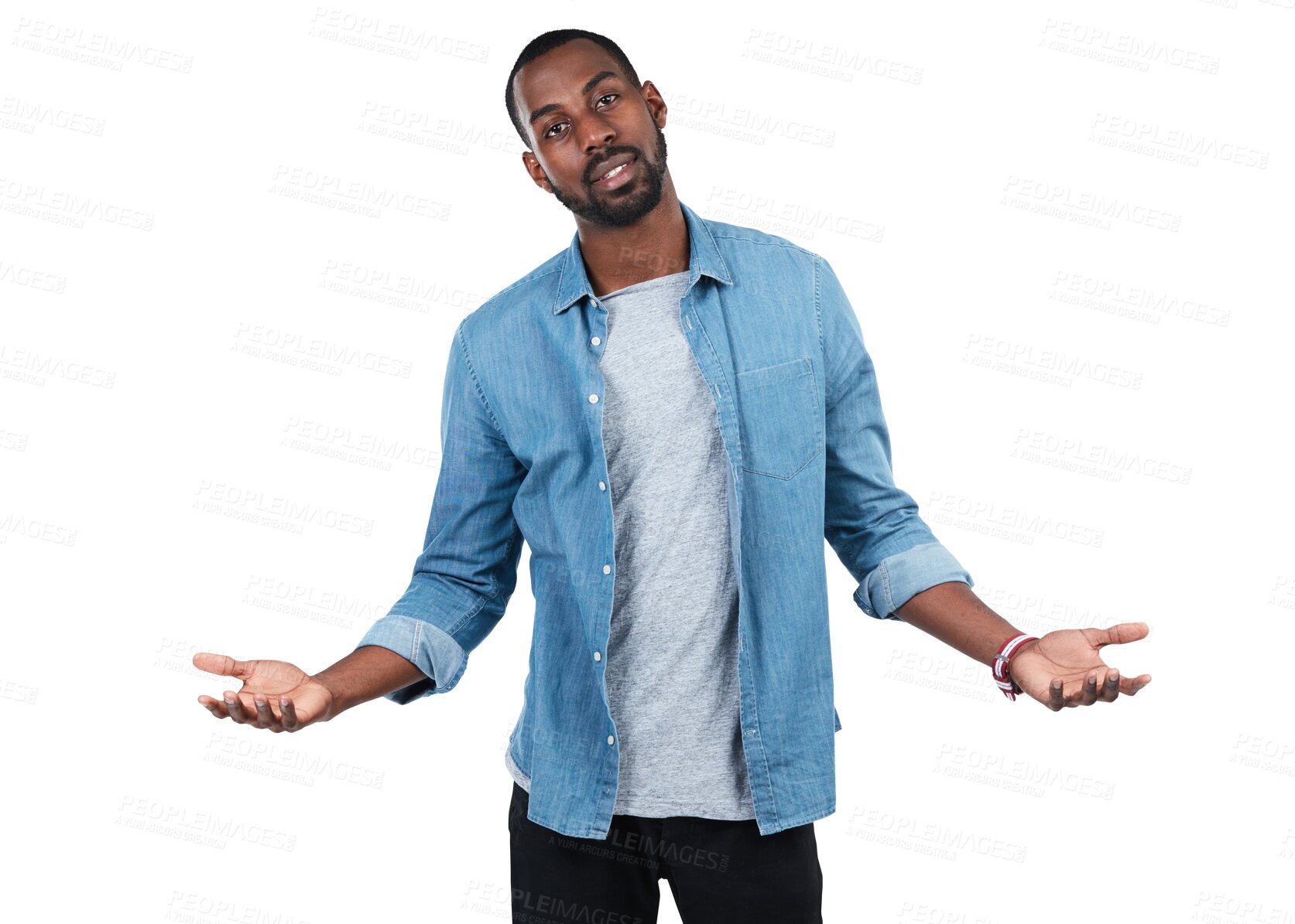 Buy stock photo Black man, portrait and confused shrug for question on fashion, style or customer with doubt on an isolated, transparent or png background. Why, open hands and person with uncertain, thinking or idea