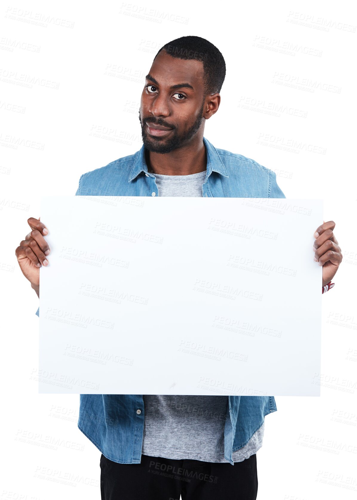 Buy stock photo Paper, poster and portrait of black man with mockup for advertising, news or announcement on transparent, isolated and png background. Banner, face and African male holding billboard, sign or vote