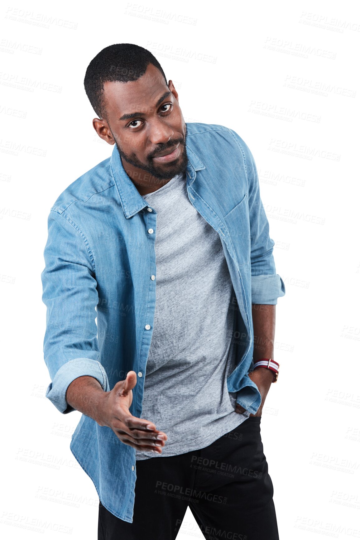 Buy stock photo Isolated black man, hand shake and portrait for welcome, hello or respect in deal by transparent png background. Young african guy, student and open handshake for onboarding, agreement or recruitment