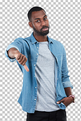 Buy stock photo Thumbs down, no and stop with portrait of black man on transparent background for review, dislike and emoji. Failure, rejection and vote with male person and hand gesture on png for opinion and sign