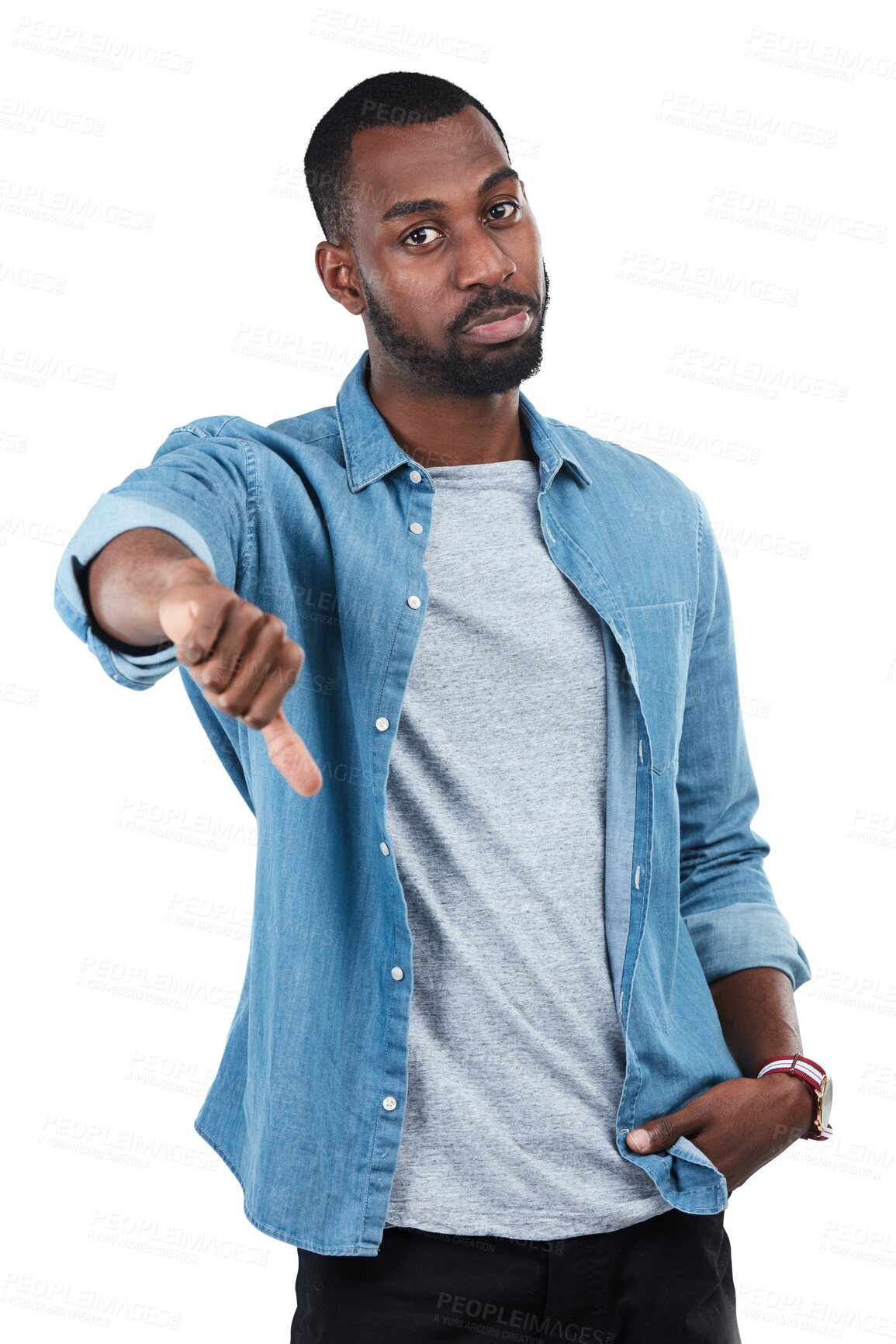 Buy stock photo Thumbs down, no and stop with portrait of black man on transparent background for review, dislike and emoji. Failure, rejection and vote with male person and hand gesture on png for opinion and sign