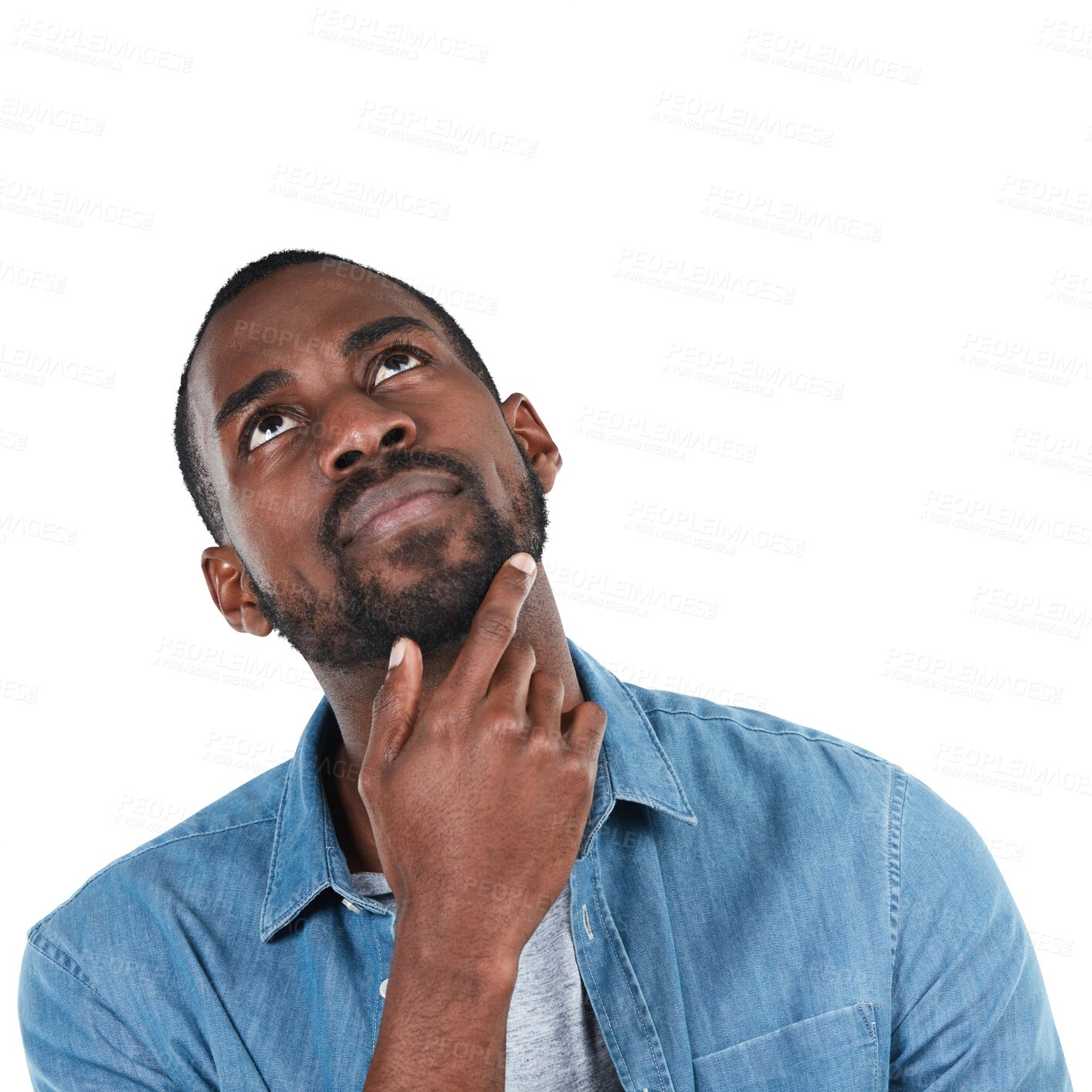 Buy stock photo Thinking, creative and black man isolated on a transparent, png background for ideas, decision and planning. Mind, creativity and thoughtful person or entrepreneur with search, choice or looking up