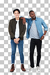 Trendy men and friends portrait on an isolated and transparent png background in full body with edgy, cool and casual person fashion. Happy interracial friendship of young people together with smile