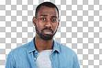 Sad, depression and portrait of a serious black man on an isolated and transparent png background. Anxiety, unhappy and face of an African man with a beard, problem and style