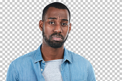Buy stock photo Sad, portrait and black man frown with depression, broken heart or grief guilt on isolated, transparent and png background. Unhappy, face and African male frowning emoji for stress, mistake or sorry