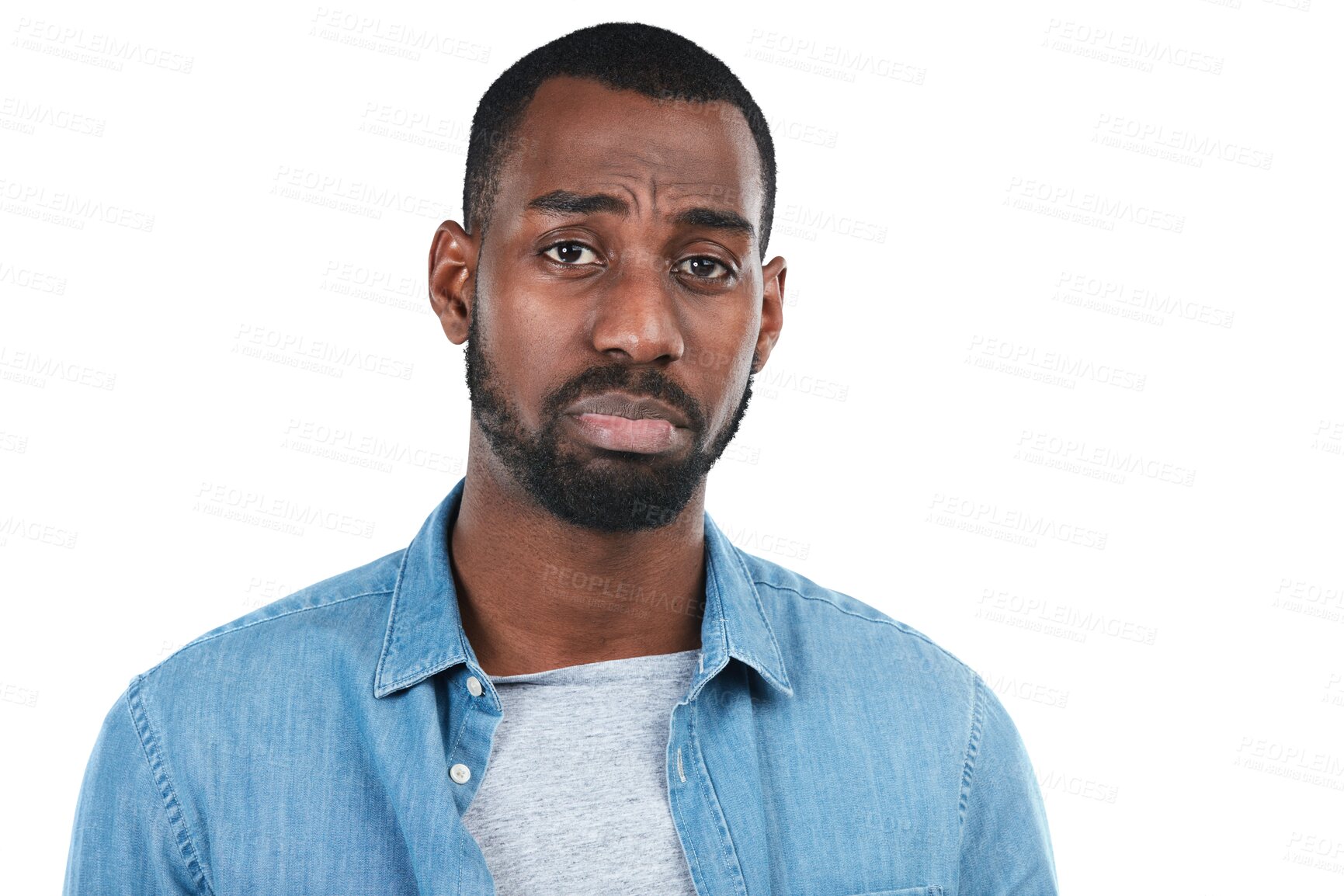 Buy stock photo Sad, portrait and black man frown with depression, broken heart or grief guilt on isolated, transparent and png background. Unhappy, face and African male frowning emoji for stress, mistake or sorry
