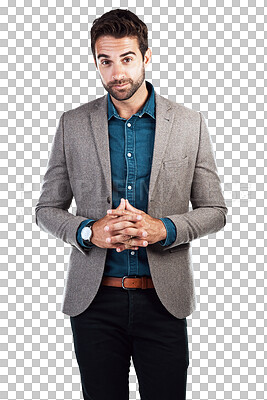 Buy stock photo Portrait, fashion and confident business man isolated on a transparent png background. Corporate, serious and male professional, person or entrepreneur in Canada with stylish, suit or trendy clothes