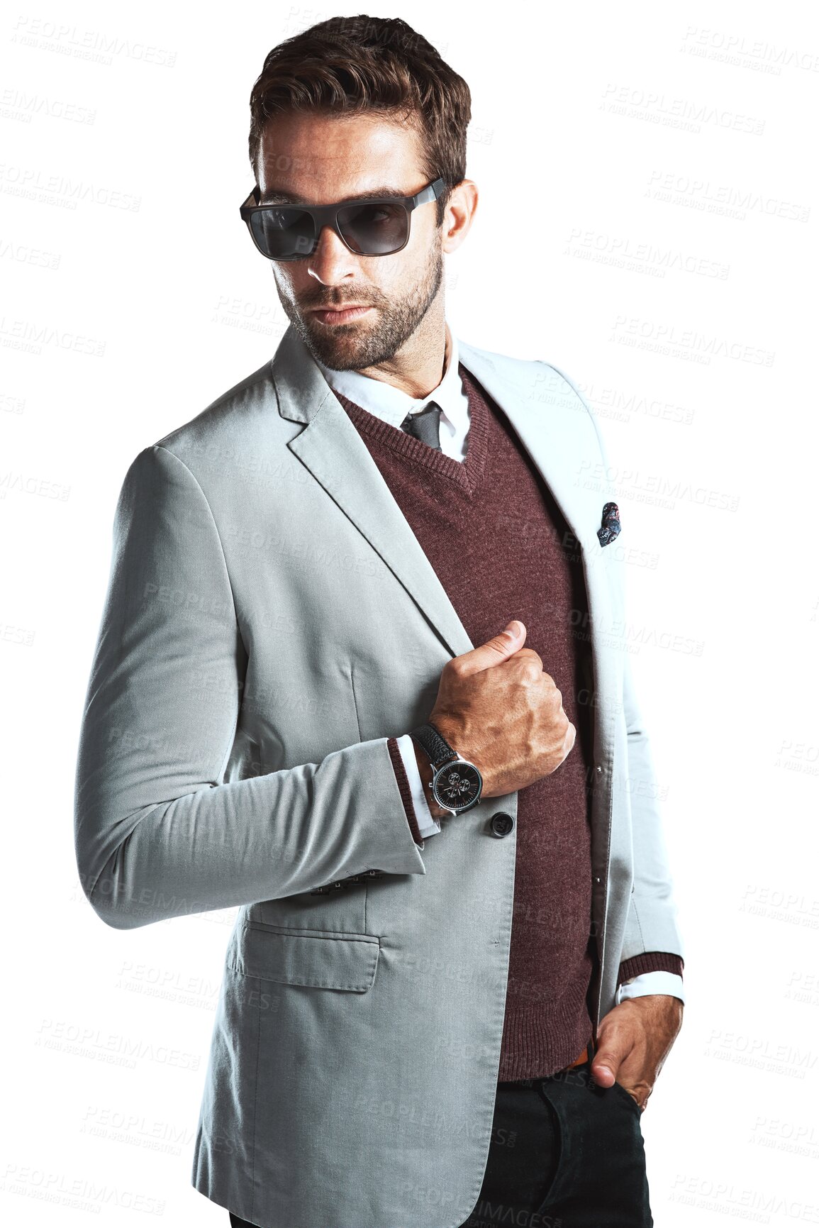 Buy stock photo Businessman, sunglasses and fashion with formal suit isolated on a transparent PNG background. Attractive stylish man, person or model posing with accessories in confidence or business style clothing