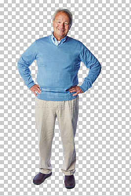 Buy stock photo Senior man, portrait smile and standing with casual fashion in retirement isolated on a transparent PNG background. Happy elderly, mature male person or pensioner smiling and posing with hands on hip