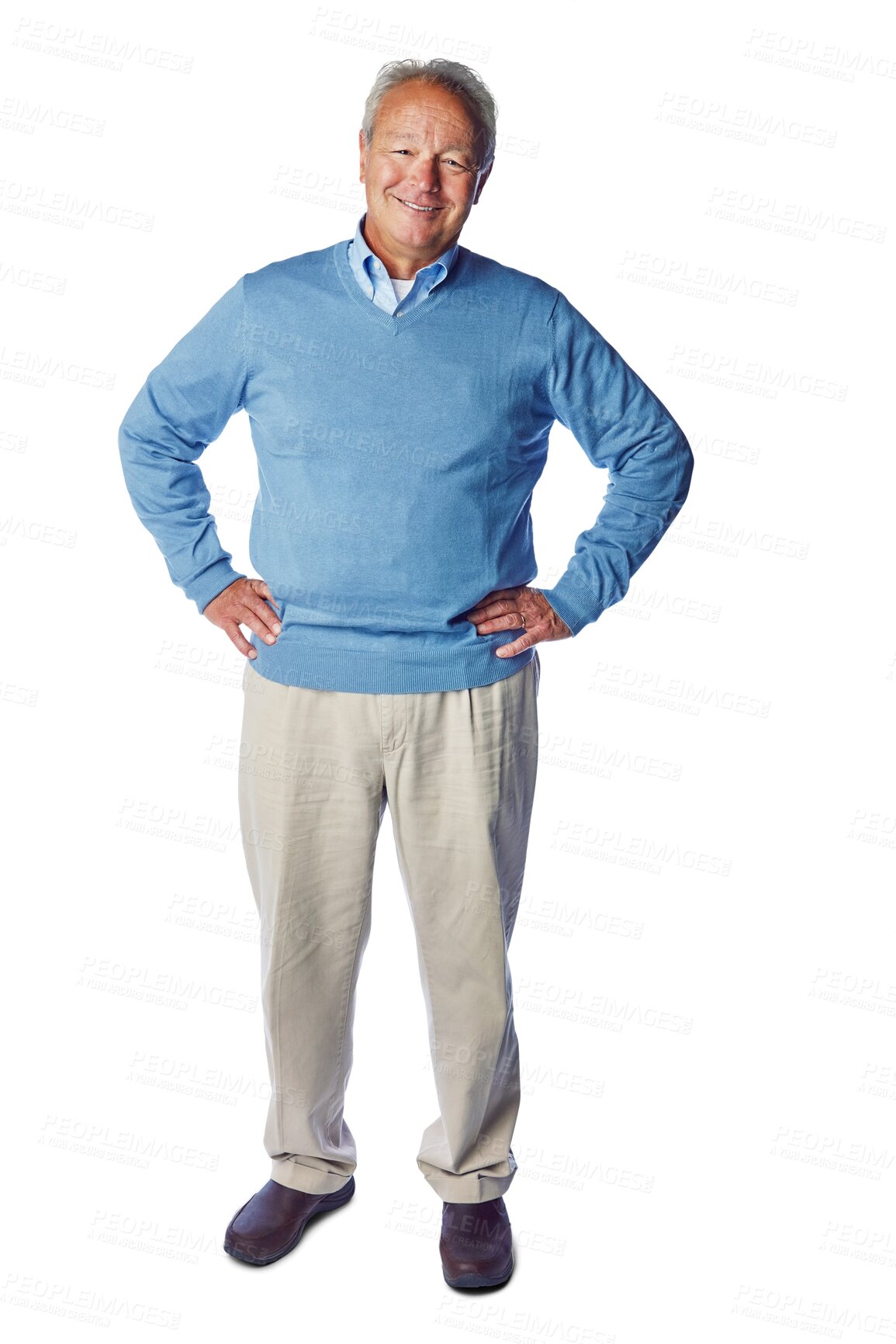 Buy stock photo Senior man, portrait smile and standing with casual fashion in retirement isolated on a transparent PNG background. Happy elderly, mature male person or pensioner smiling and posing with hands on hip