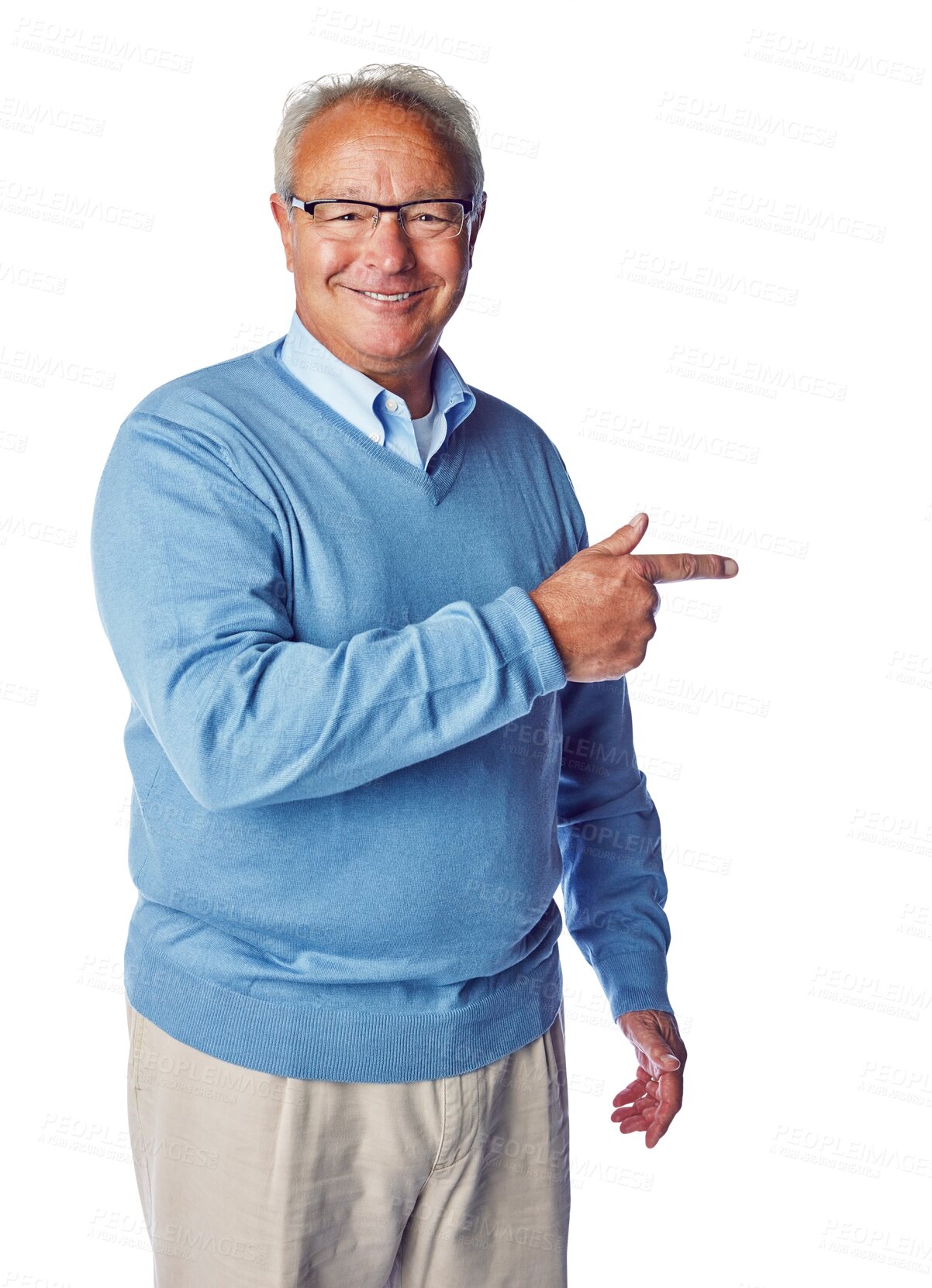 Buy stock photo Happy, portrait of a senior man pointing and isolated against a png transparent background for direction. Happiness, retirement and elderly male person point for health wellness with a smile.