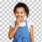 A portrait mixed race girl laughing with her hand over her mouth isolated Cute hispanic child posing inside. Happy and carefree kid finding the funny side of things isolated on a png background