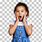 A portrait mixed race girl looking shocked with her hands on her cheeks isolated Cute hispanic child posing inside. Surprised and amazed kid speechless in awe isolated on a png background