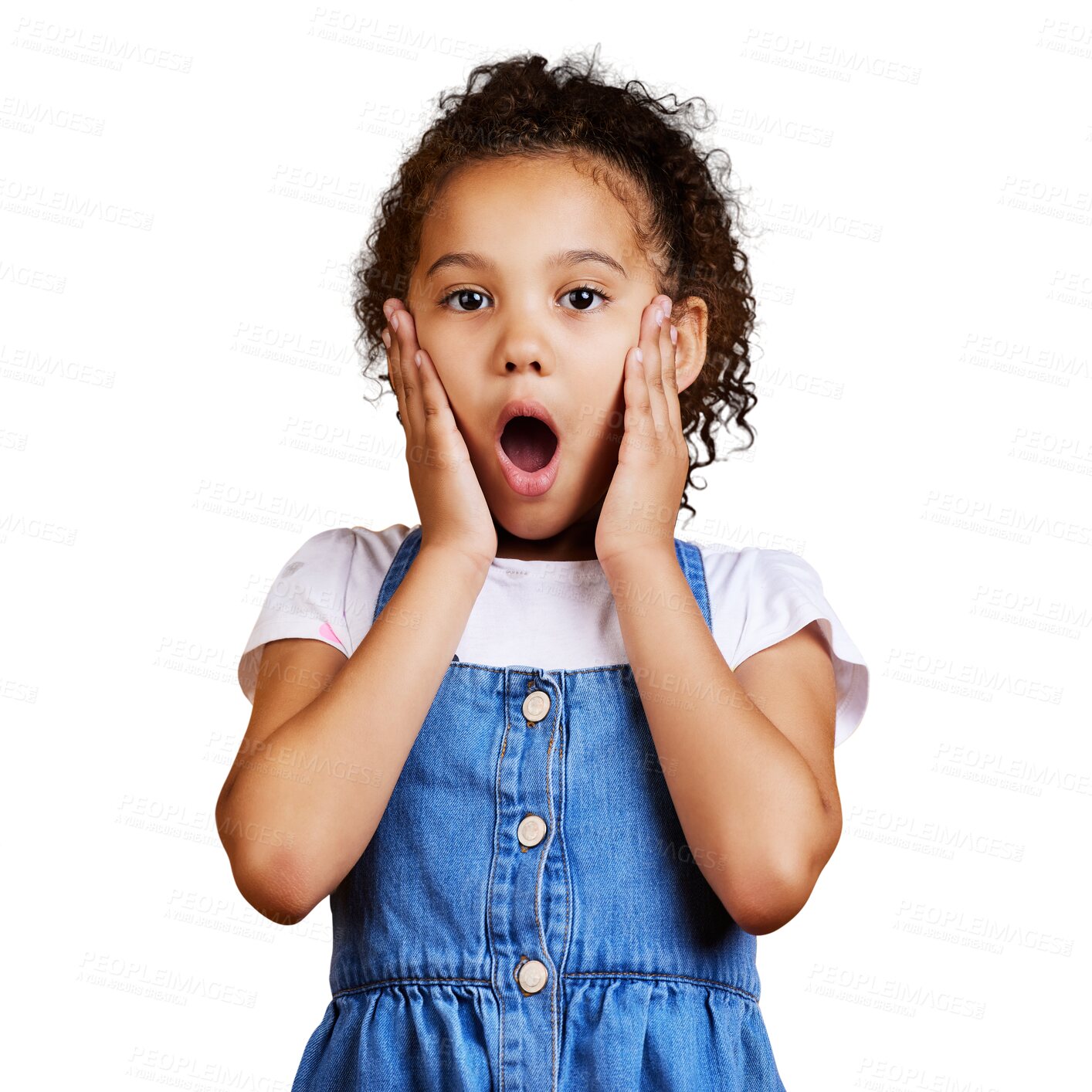 Buy stock photo Portrait, black girl and hands on face for wow, surprise or fear on isolated transparent background. Child, revelation and learning a secret, announcement or young kid reaction to good news in png