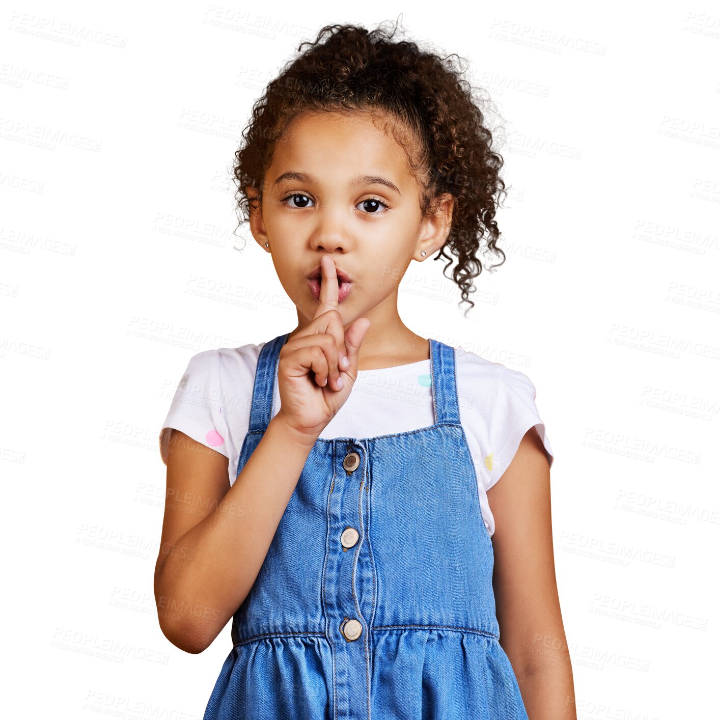 Buy stock photo Girl child with finger to lips, secret and mystery with whisper, quiet and silence gesture isolated on transparent png background. Silent expression, emoji and female kid in portrait with privacy