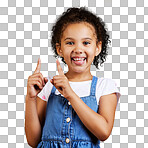 Studio portrait mixed race girl pointing upwards towards copyspaceCute hispanic child posing inside. Happy and cute kid showing or endorsing a company or product  isolated on a png background. 