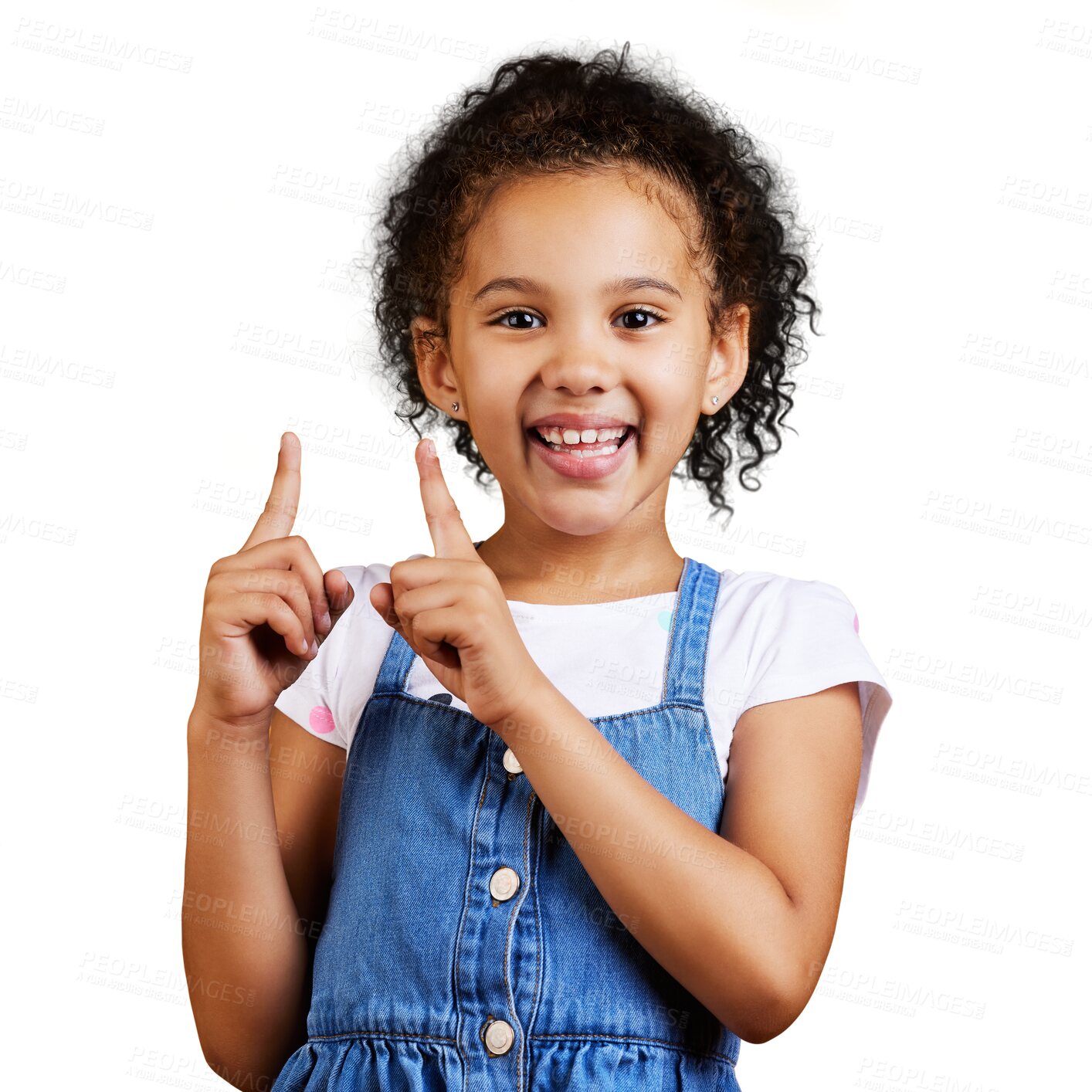 Buy stock photo Happy, portrait and child with measurement hand gesture for size or comparison. Happiness, smile and excited little girl kid model posing with compare sign isolated by a transparent png background.