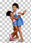 A Mixed race girl hugging her sister, sibling or friend in studio isolated Cute hispanic children posing inside. Happy and carefree kids showing love, affection and bonding isolated on a png background