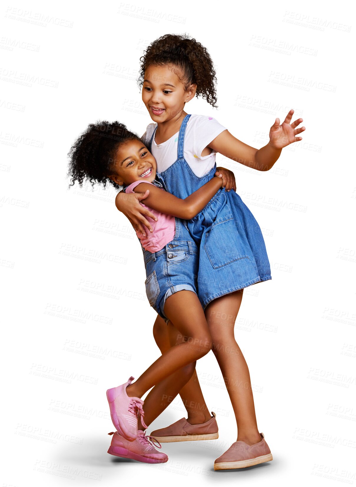 Buy stock photo Happy, sisters and girls hug, excited and happiness against a transparent background. Embrace, female people and children with joy, casual and playful with fun, cheerful and kids with png and youth