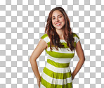 Happy woman, portrait or fashion clothes on an isolated and transparent png background in trendy, cool or stylish brand. Smile, gen z or model with summer clothing and ginger hair