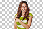 Woman, portrait or pointing finger at promotion mockup, marketing space or advertising on an isolated, transparent png background. Smile, happy model or showing hands gesture for logo branding