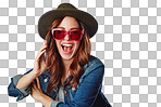 Woman, fashion and glasses with hat, smile or excited face on an isolated and transparent png background. Portrait of a happy, fashionable female smiling in happiness for summer style