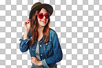 Happy, gen z and youth girl fashion with trendy style, sunglasses and excited smile on an isolated and transparent png background. Happiness, cool and young fashionista model