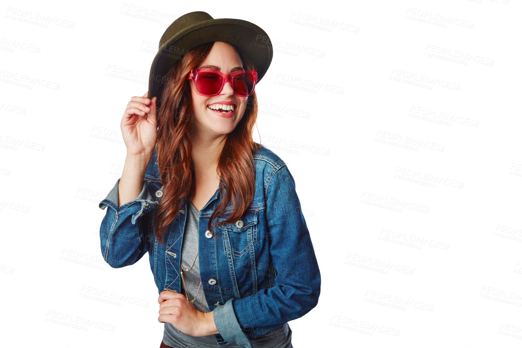 Buy stock photo Woman is happy with sunglasses, fashion and gen z, hipster and retro style isolated on transparent, png background. Face, stylish and young female model with designer brand, happiness and trendy