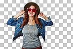 Woman, portrait and fashion sunglasses or tongue, hat or denim jacket on an isolated and transparent png background. Smile, happy or gen z model in trendy, cool or hipster brand clothing