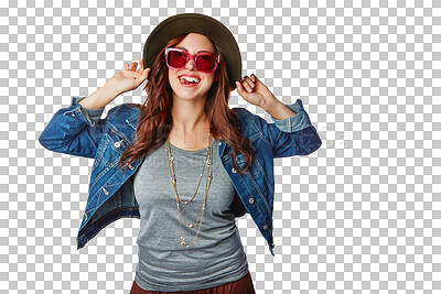 Buy stock photo Woman, portrait and fashion sunglasses with hat and denim jacket isolated on a transparent png background. Portrait of happy female person, gen z or stylish model in cool hipster or casual clothing