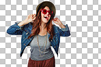 Laughing woman, fashion or sunglasses with hat or denim jacket on an isolated and transparent png background. Smile, happy and gen z model with funny or comic face expression or cool brand clothes