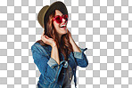 Fashion, youth and trendy woman laugh with cool sunglasses and style with smile on an isolated and transparent png background. Happy, gen z and young fashionista model