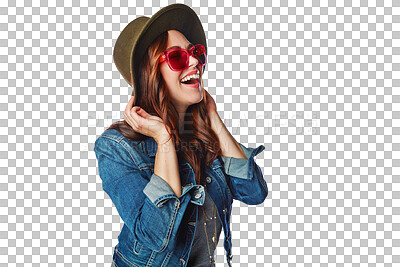 Buy stock photo Funny, smile and woman with fashion, laughing and isolated against a transparent background. Cool, female person or model with sunglasses, stylish and happiness with png, gen z and trendy outfit