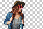 Fashion, trendy and happy woman with casual, stylish and funky outfit and accessories on isolated, transparent png background. Happiness, smile and female model with hat, sunglasses and edgy clothes