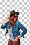 Fashion, style and woman with a casual, stylish and funky outfit with accessories on an isolated, transparent png background. Happiness, smile and female model with hat, sunglasses and edgy clothes