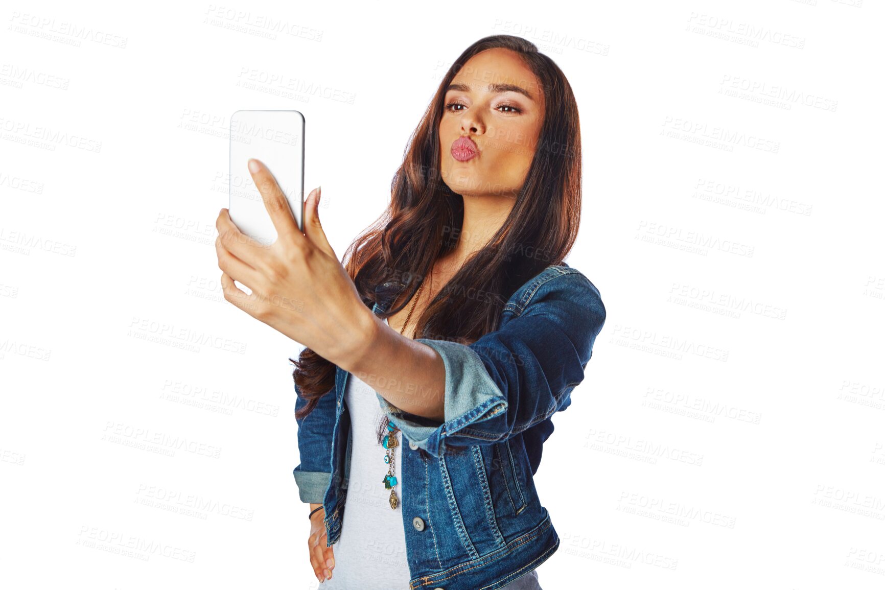 Buy stock photo Selfie, kiss and beauty of woman isolated on transparent, png background for social media, photography and emoji. Gen z model, influencer or person with profile picture for makeup or cosmetics promo