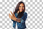 Happy model, fashion and selfie on an isolated and transparent png background for social media, profile picture or video call. Smile, woman or influencer on photography in blogging